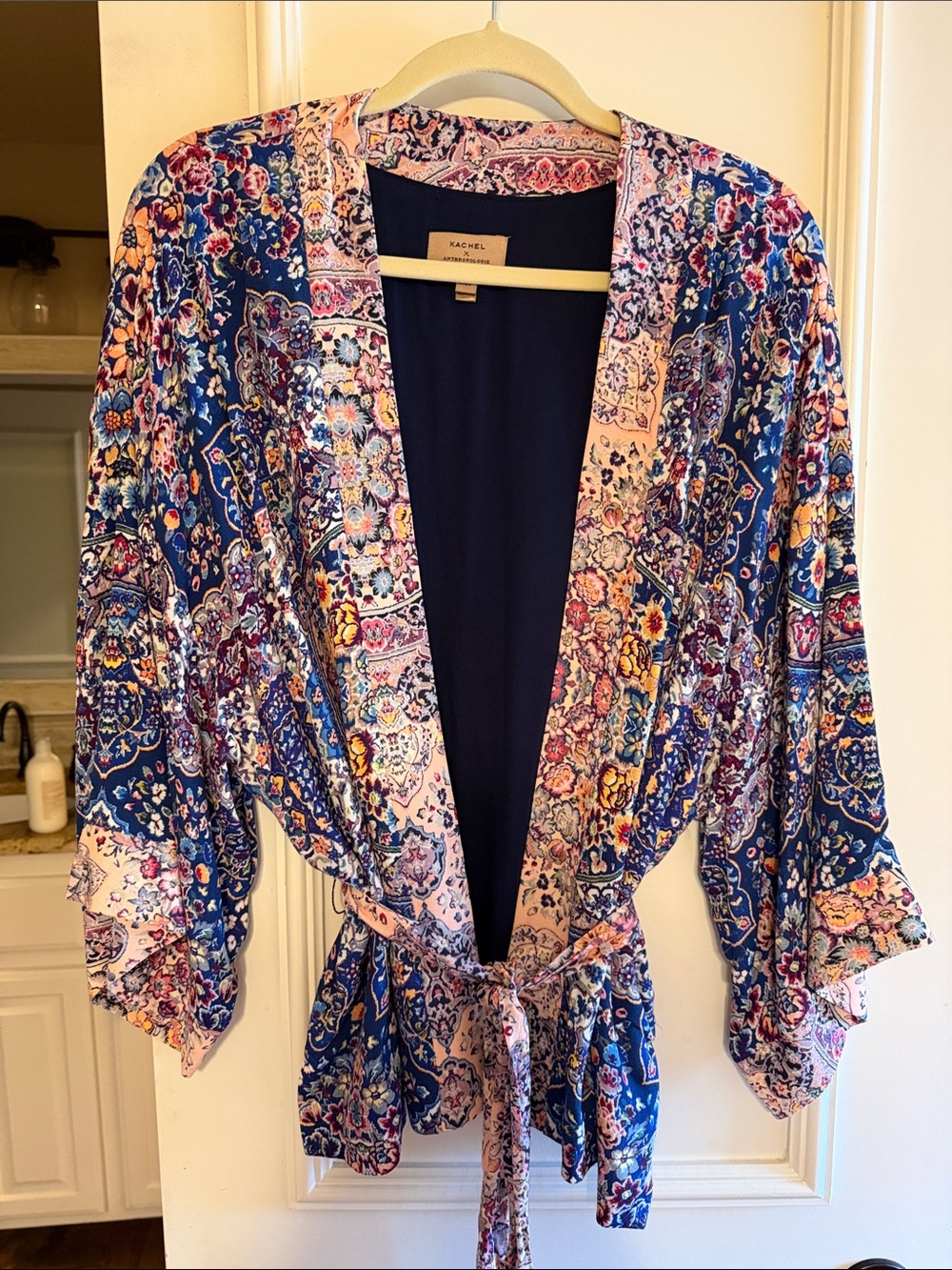 Anthropologie Navy Blue Floral Paisley Belted Kimono Jacket